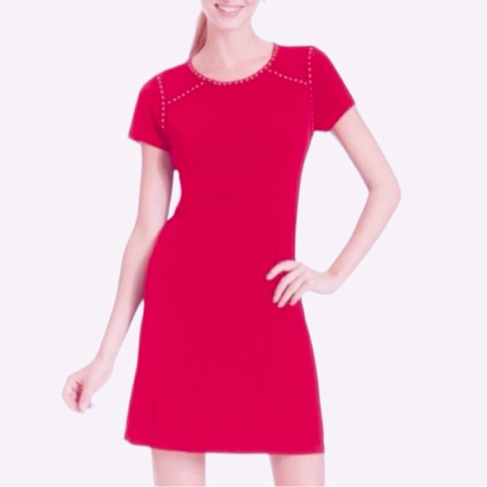 Calvin Klein Red Short-Sleeve Shift Dress with Stud Trim